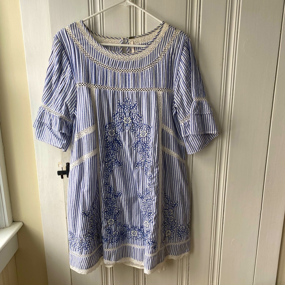 Free People Blue and White Striped Embroidered Mini Dress